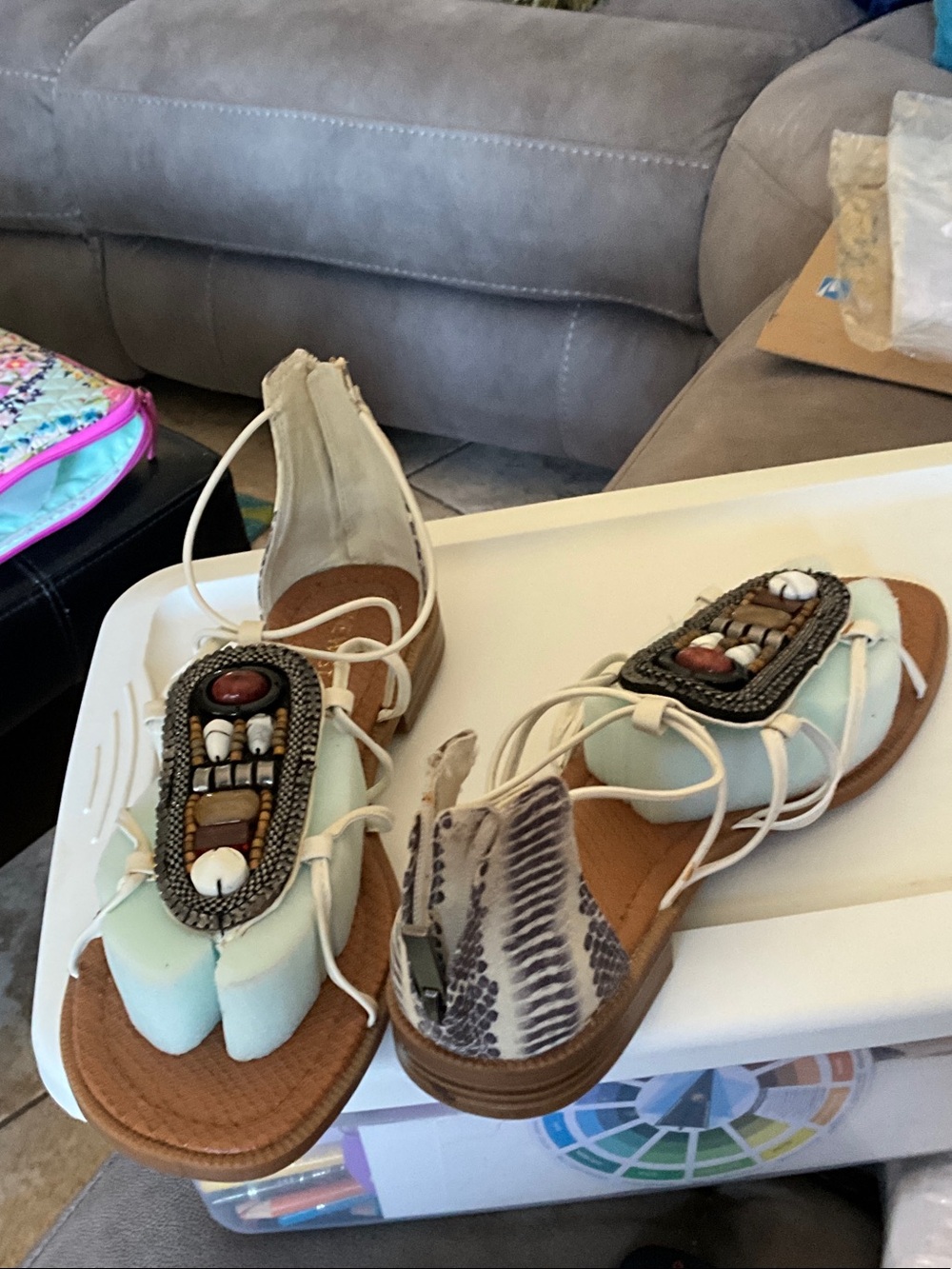 Nine West Cream Beaded Gladiator Sandals with Brown Accents
